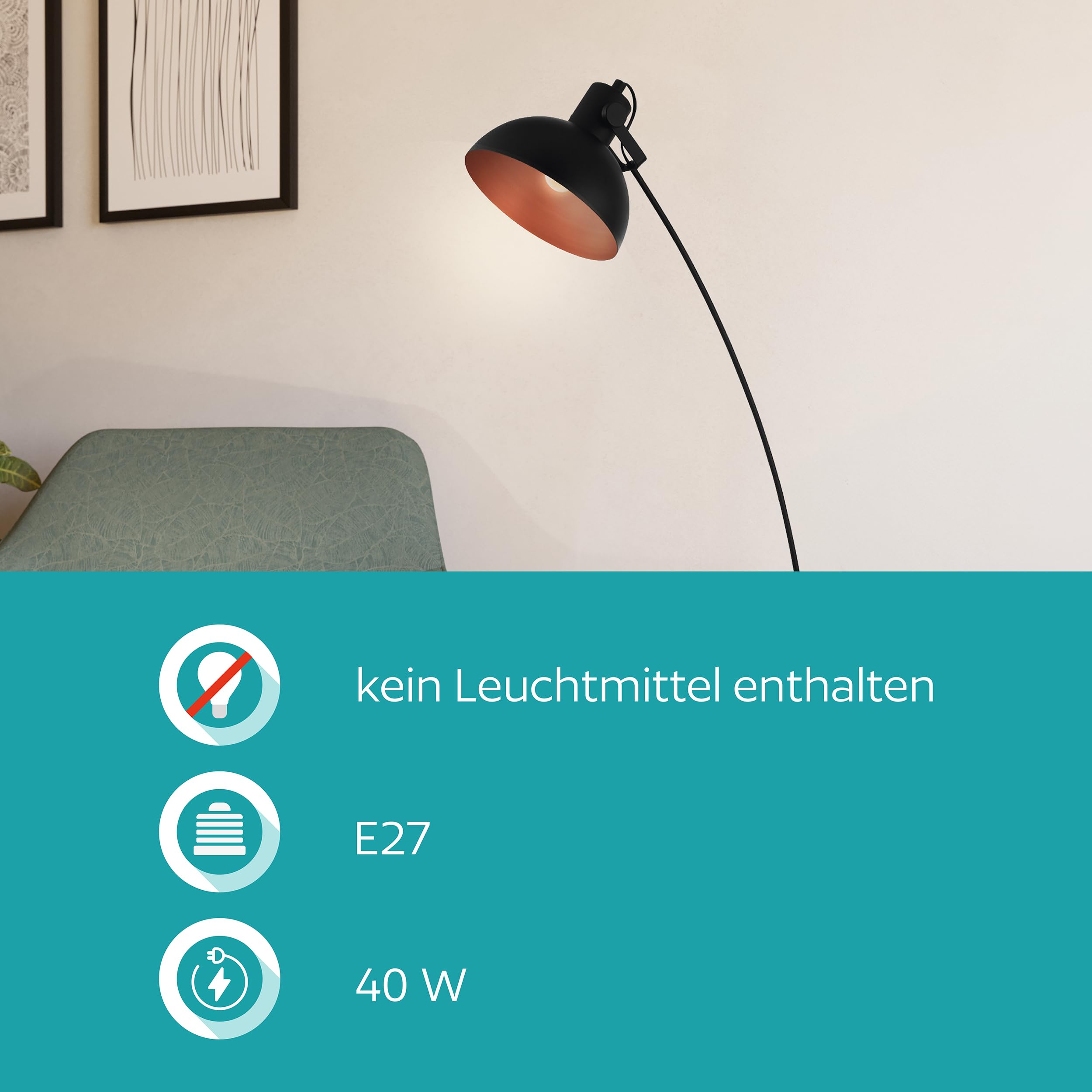 EGLO Stehlampe Jaafra, Lampe Wohnzimmer, Standleuchte gebogen