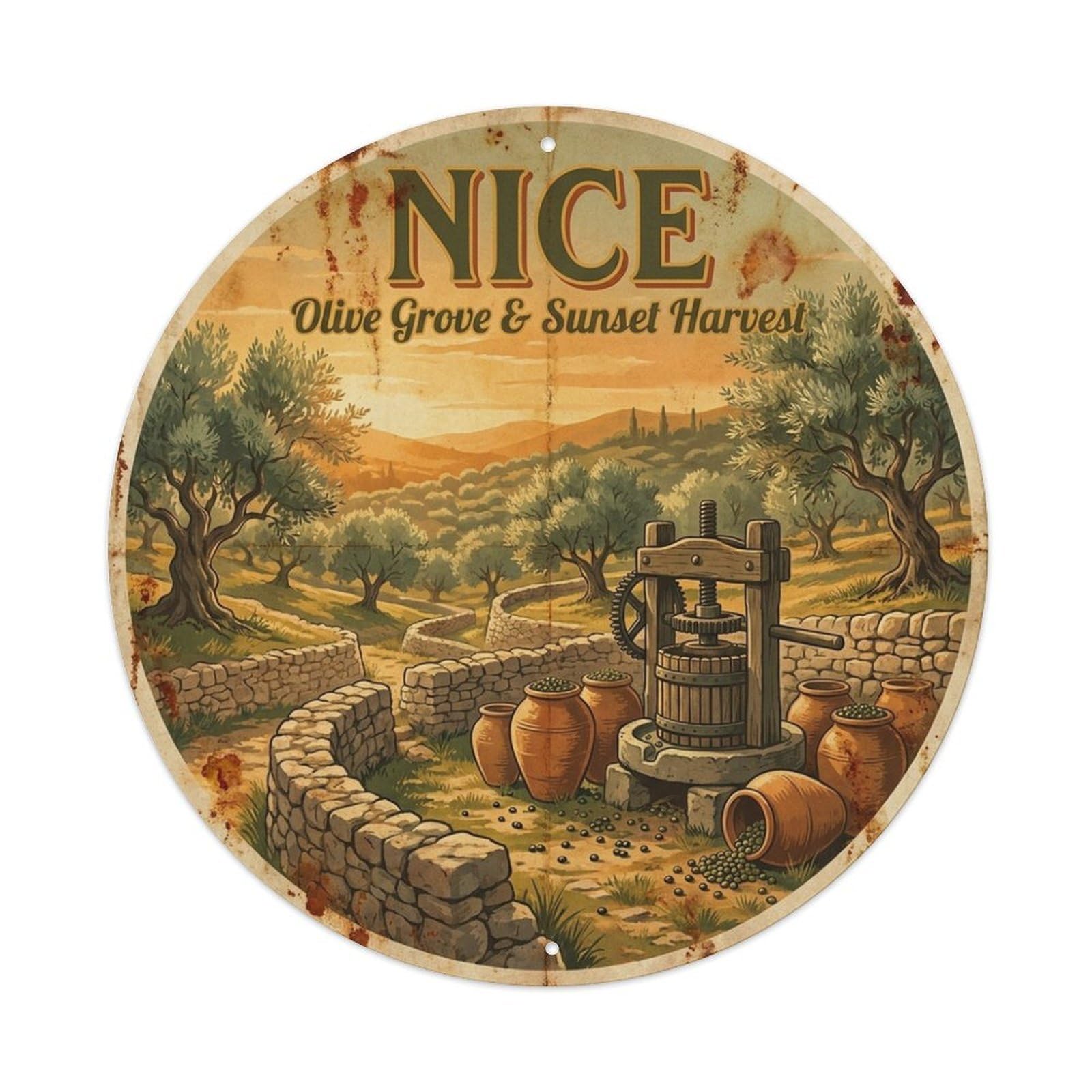 Olhnbad Style Olive Grove Sunset Harvest Cuisine Culture Nice Travel Metal Tin Sign