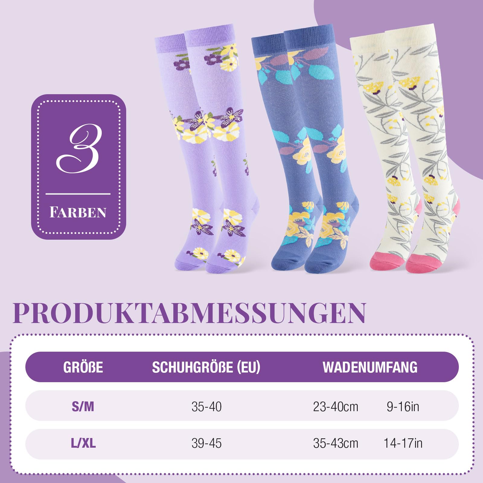 Kompressionsstrümpfe Damen Compression Socken Stützstrümpfe Kompressionssocken für Flug, Sport Laufen Reise Radsport Bunte 3 Paar