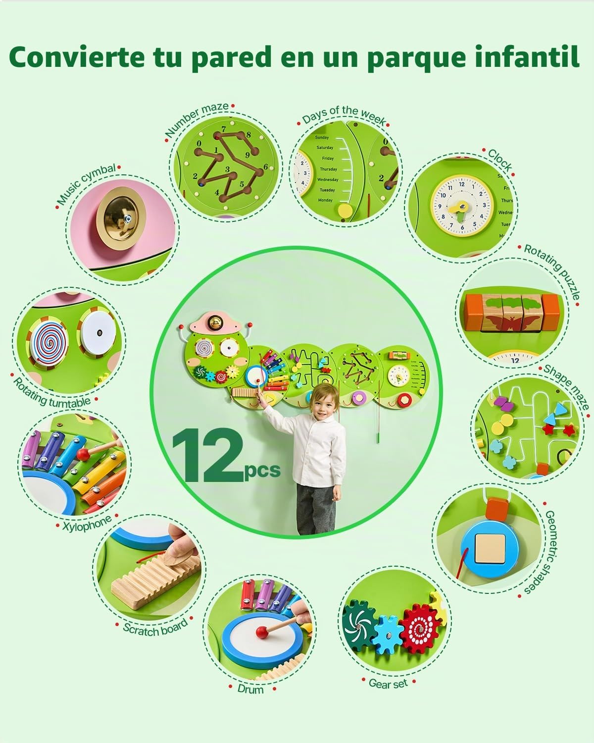 VEVOR Tablero Montessori de Pared de Oruga para Niños Pequeños 3 a 12 Años, Panel Sensorial con 12 Juegos Interactivos de MDF para Guardería Aula Motricidad Fina Sala de Juegos Infantil y Juego Diario