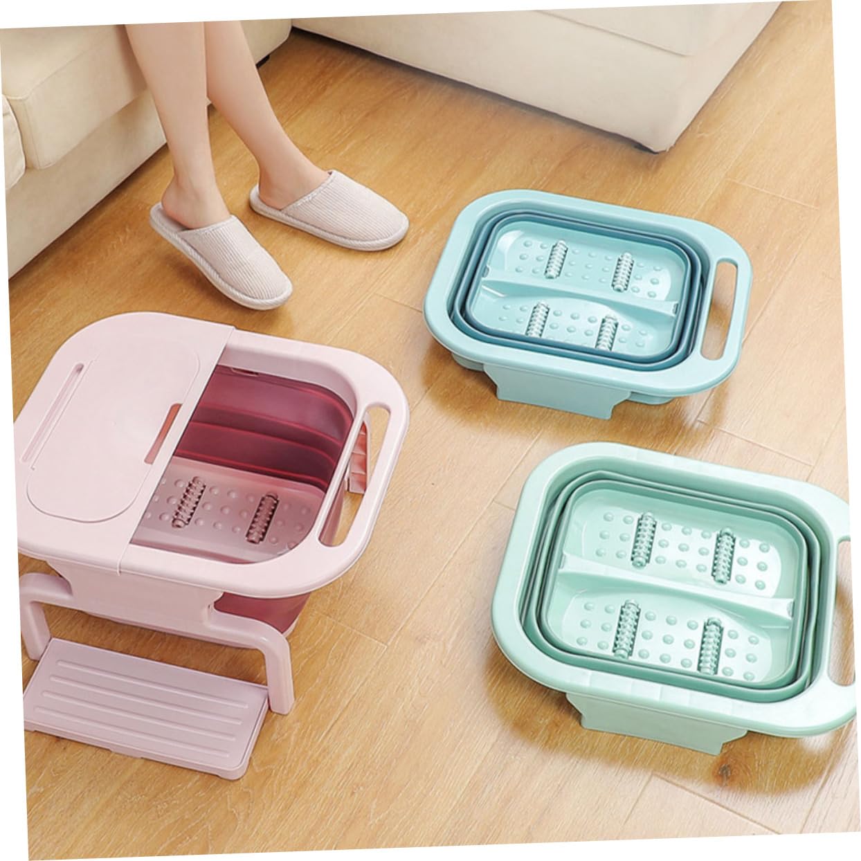 Cubo para Baño de Pies Plegable Grande Rodillos PP Rosa | Cubo para Remojar Pies, Baño de Pies Masaje Automático, Fácil de Guardar, para Familia y Viajes