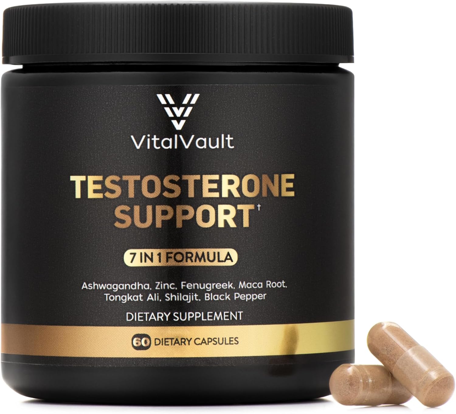 7-in-1 Testosterone Booster for Men - Natural Supplement with Ashwaganda, Shilajit, Fenugreek, Maca Root, Tongkat Ali, Black Pepper & Zinc - 1 Month Supply (60 caps)