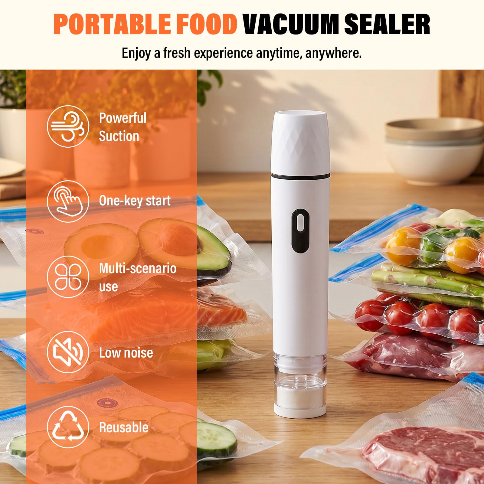Macchina Sottovuoto Alimenti,60 kPa Sigillatore sottovuoto compatto,Potente Vacuum Sealer,con 20 Sacchetti Sottovuoto,Operazione con un clic,Ideale per Casa,Viaggi,Campeggio e Conservazione