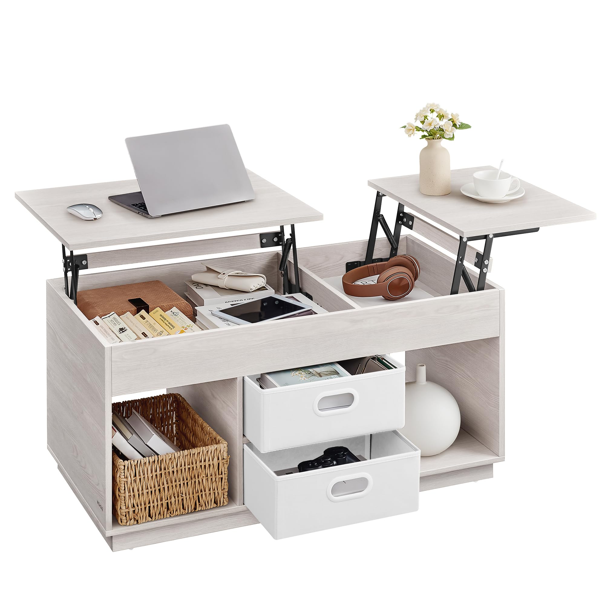 VASAGLE CUSTOS Kollektion - Couchtisch, höhenverstellbarer Wohnzimmertisch, 2 Schubladen und versteckte Fächer, Kaffeetisch, offene Fächer, für Wohnzimmer, Homeoffice, haferflockenbeige LCT210K01