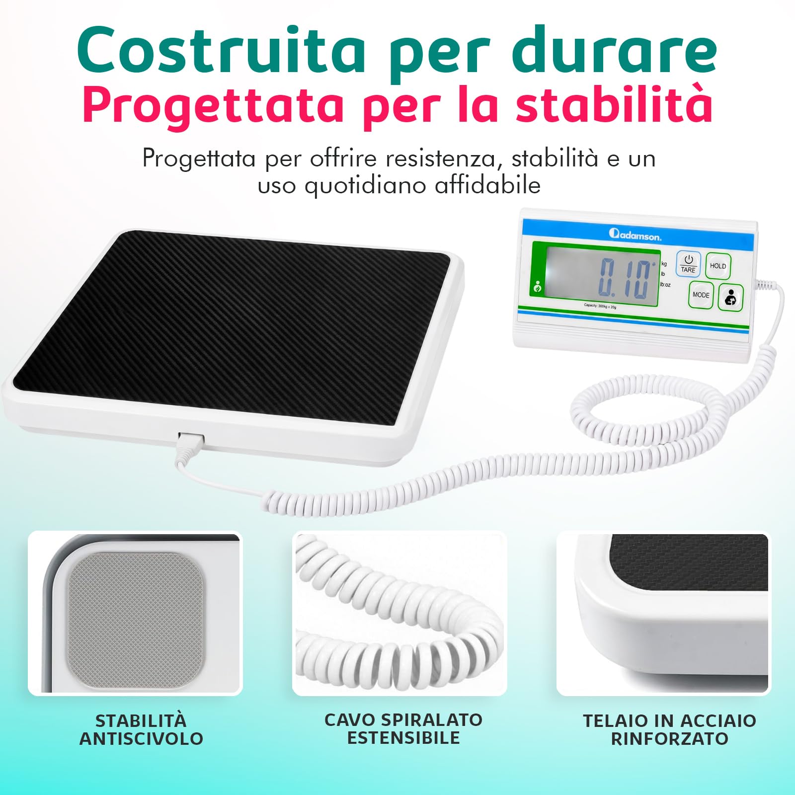 Bilancia Pesapersone Professionale Adamson – Bilancia Medica Extra Larga 300 kg con Alta Precisione di 10 g – Bilancia Digitale Bariatrica per Casa, Clinica o Ospedale – Alimentazione USB o 3×AA