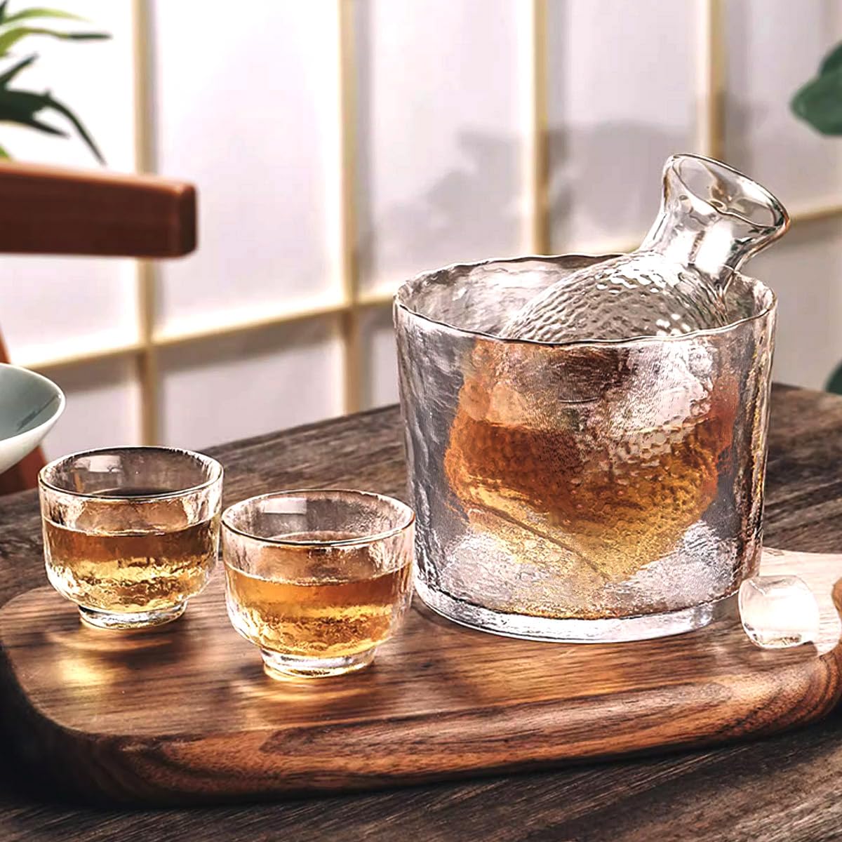 Set di sake giapponese, in vetro, 6 pezzi, con caraffa e ciotola di conservazione calda, servizio di ciotole per sake