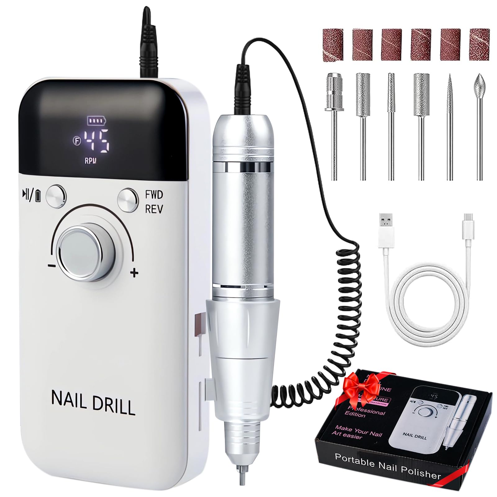 Lima Eléctrica Profesional para Uñas,Torno para Uñas 45000 RPM Alta Potencia, Pantalla LCD, Kit Completo con 6 Brocas, para Acrílicas Gel o Naturales