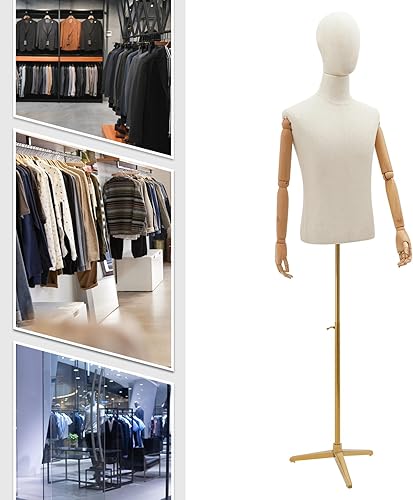 Miniatura 5 de Maniquí masculino Torso Forma de maniquí cuerpo de maniquí con brazos de madera 53-76 pulgadas de altura ajustable con trípode soporte de metal para