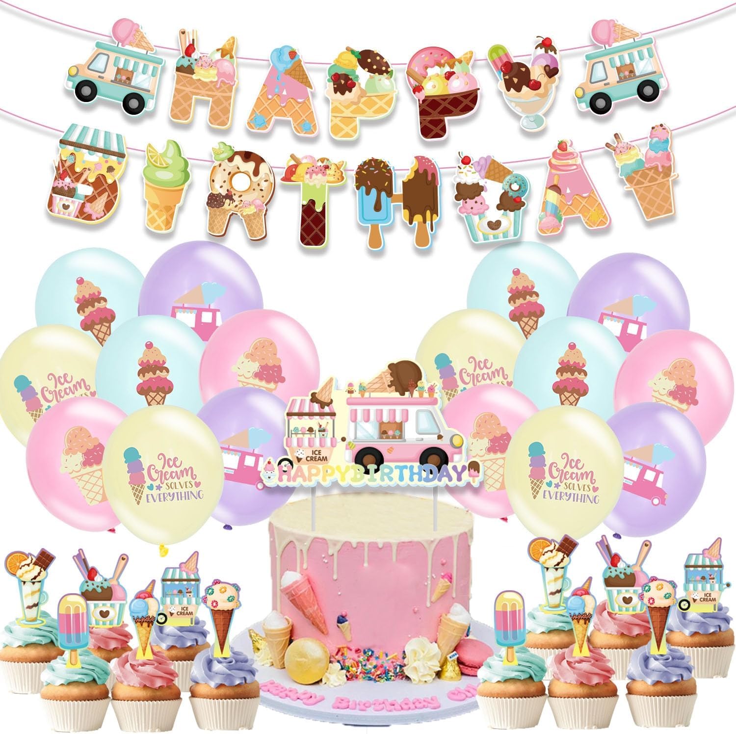 Ice cream birthday decoration party set supplies cute funny kid boy girl pink yellow cake topper happy birthday banner garland balloon balloons tape ribbon 32 pieces set