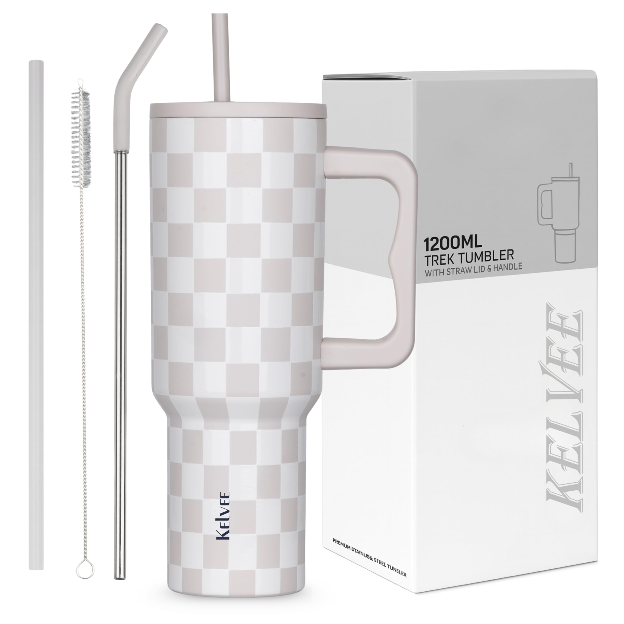 KELVEE 40oz Tumbler with Handle and Straw Lid, Reusable Cup Leakproof Iced Coffee Sipper Mug for Keeping Beverages Water Hot or Cold,Perfect for Travel, Gym 1.2L (Check - Cream)