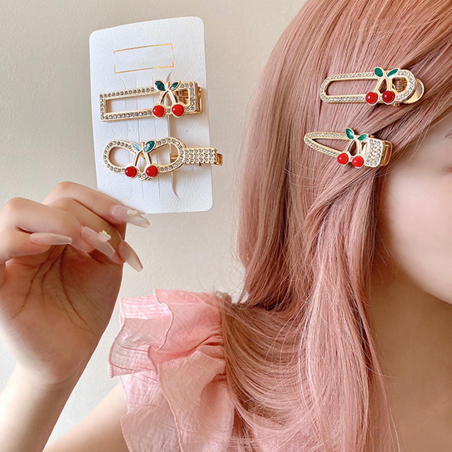 5pcs Women's Golden Cherry Rhinestone Hair Clips - Spring Elegant Cherry Duckbill Hair Clip, Hollow Metal Design Used for Side Hair Decoration and