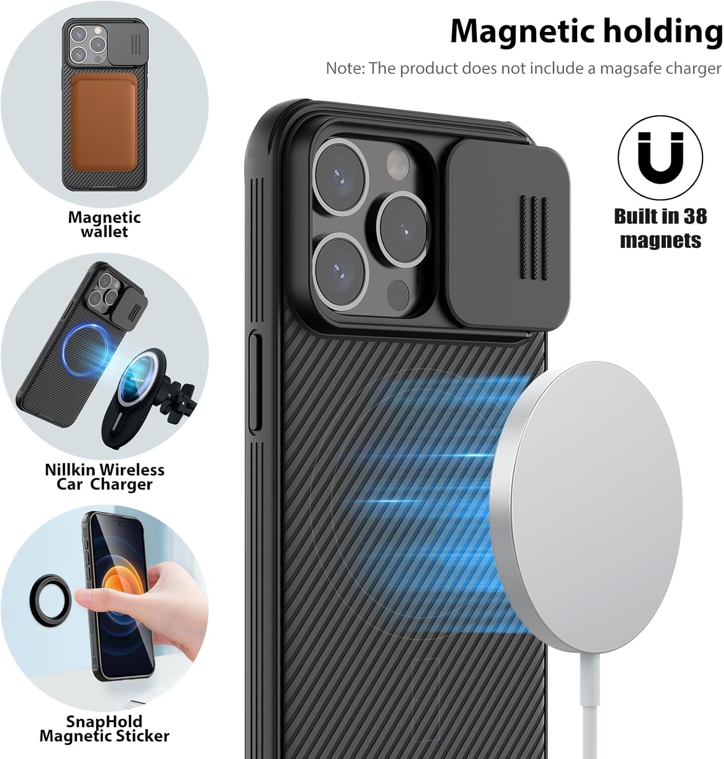 Nillkin for iPhone 15 Pro Case with Camera Cover, Compatible with MagSafe, CamShield Pro Magnetic 15 Pro 5G Car Mount Case 6.1’’ (Black, for iPhone 15 Pro) - Image 4