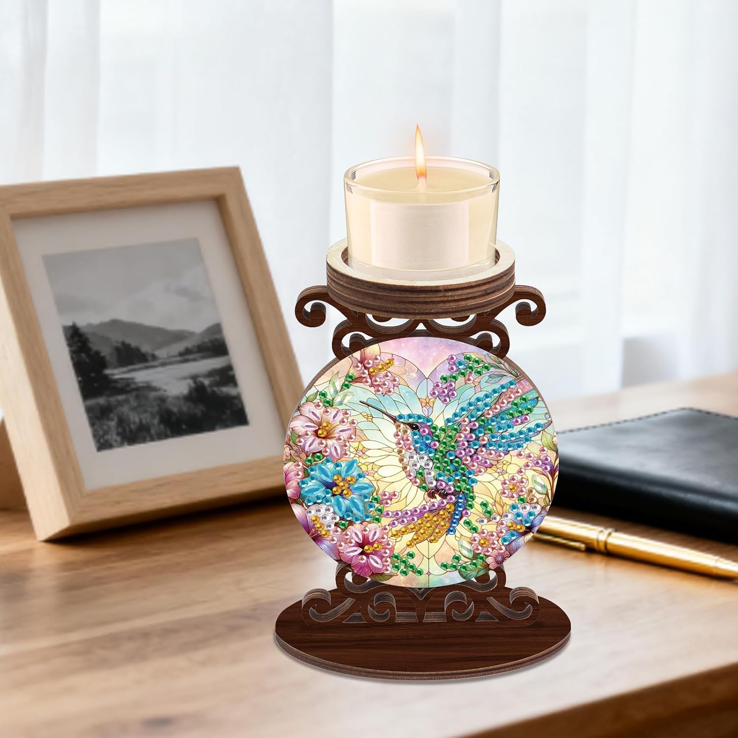 JISHSHAY Diamond Art Candle Holder Hummingbird Diamond Painting Candle Wooden Tray Bird Gem Painting Candlestick Holders Gem Art Candleholders Embroidery Mosaic Kits for Adults Desktop Decoration image 5