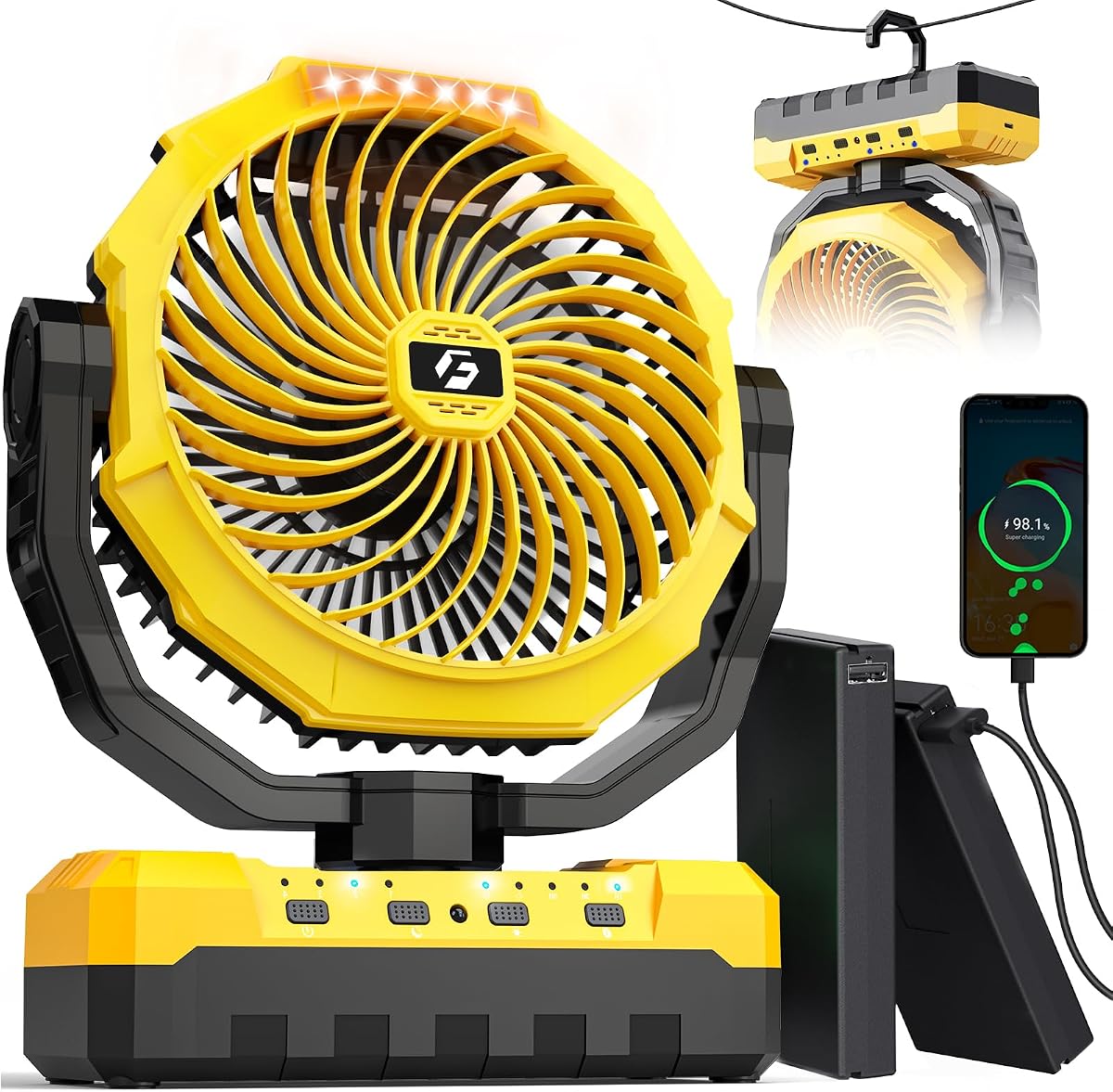 Rechargeable Fan with 2PCS Detachable Battery - 48000mAh(127H Working) Camping Fan Portable, Battery Powered Fans with Hook, Timers, Ventilador Recargable for Tent, Travel, Gifts for Men Dad, Yellow