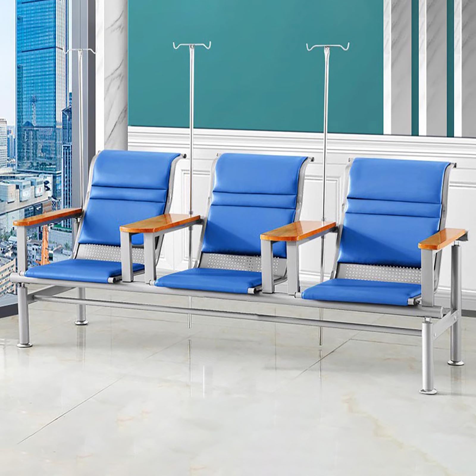 Waiting Room Chairs,Premium Phlebotomy Chair with Armrests, Comfortable Leather Infusion Chair, 2-Seat Waiting Room Bench with IV Pole, Ideal Reception Seating for Lobbi(B-blub2-wooden Armrest)