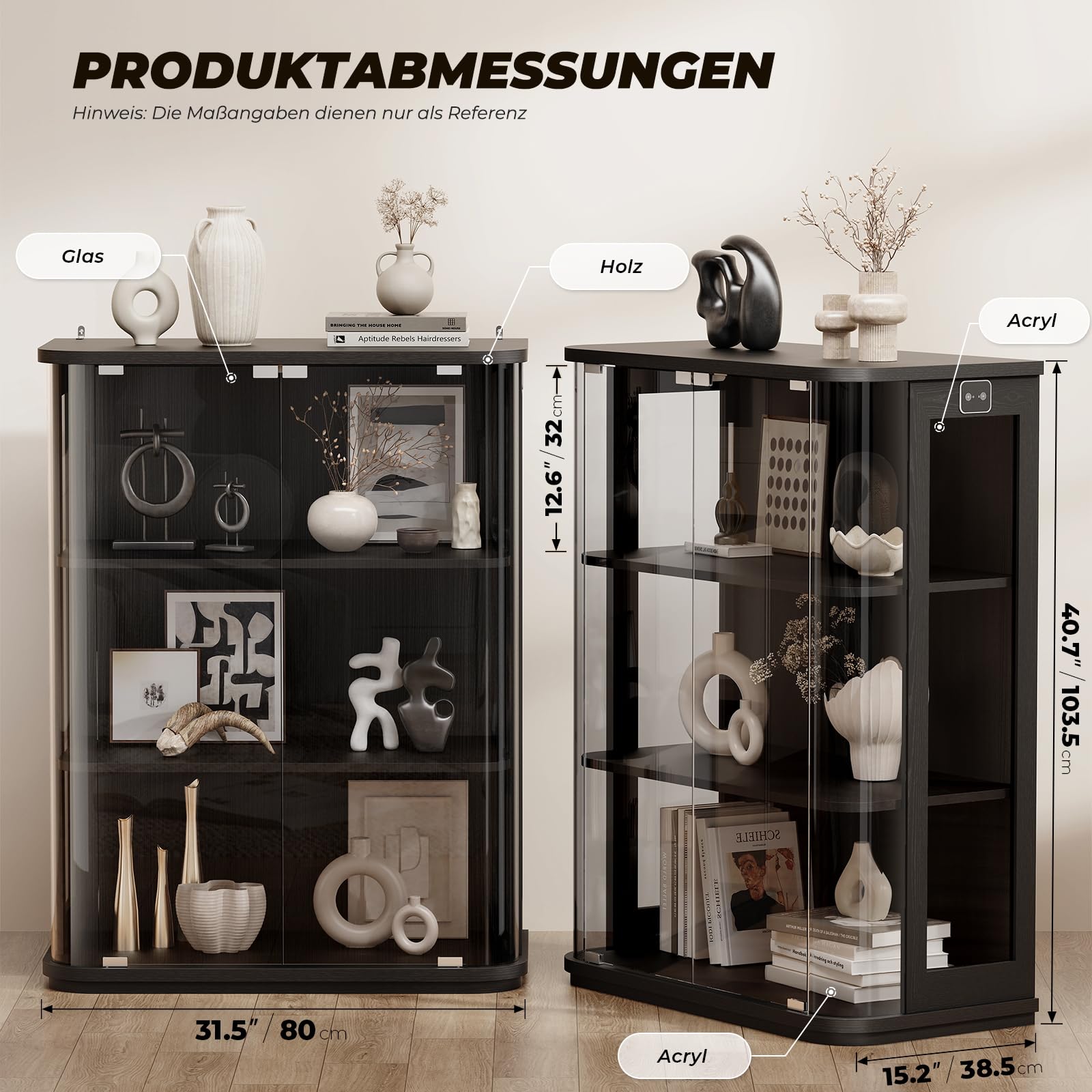 BROTTAR 3-stöckige runde Vitrine mit Glastür, 3-farbige Beleuchtung, Bewegungssensor, durchgehend transparenter Schrank für Sammlerstücke, Spielzeug & Bücher (Schwarz)