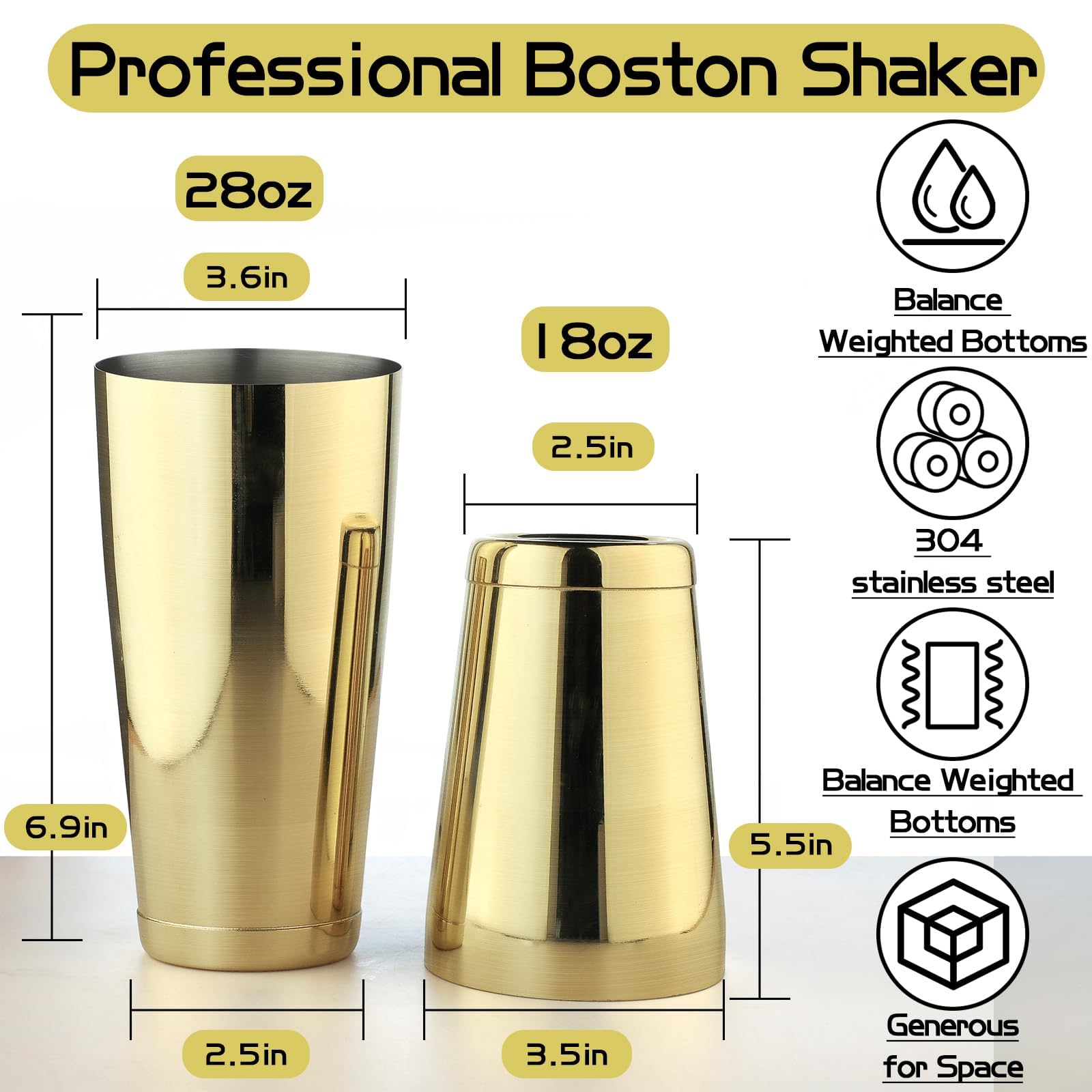 Shaker à cocktail en acier inoxydable – 2 pièces 530,3 g et 793,8 g Boston Shaker Bar Shaker Shaker Set de barman Shaker pour barman – Doré
