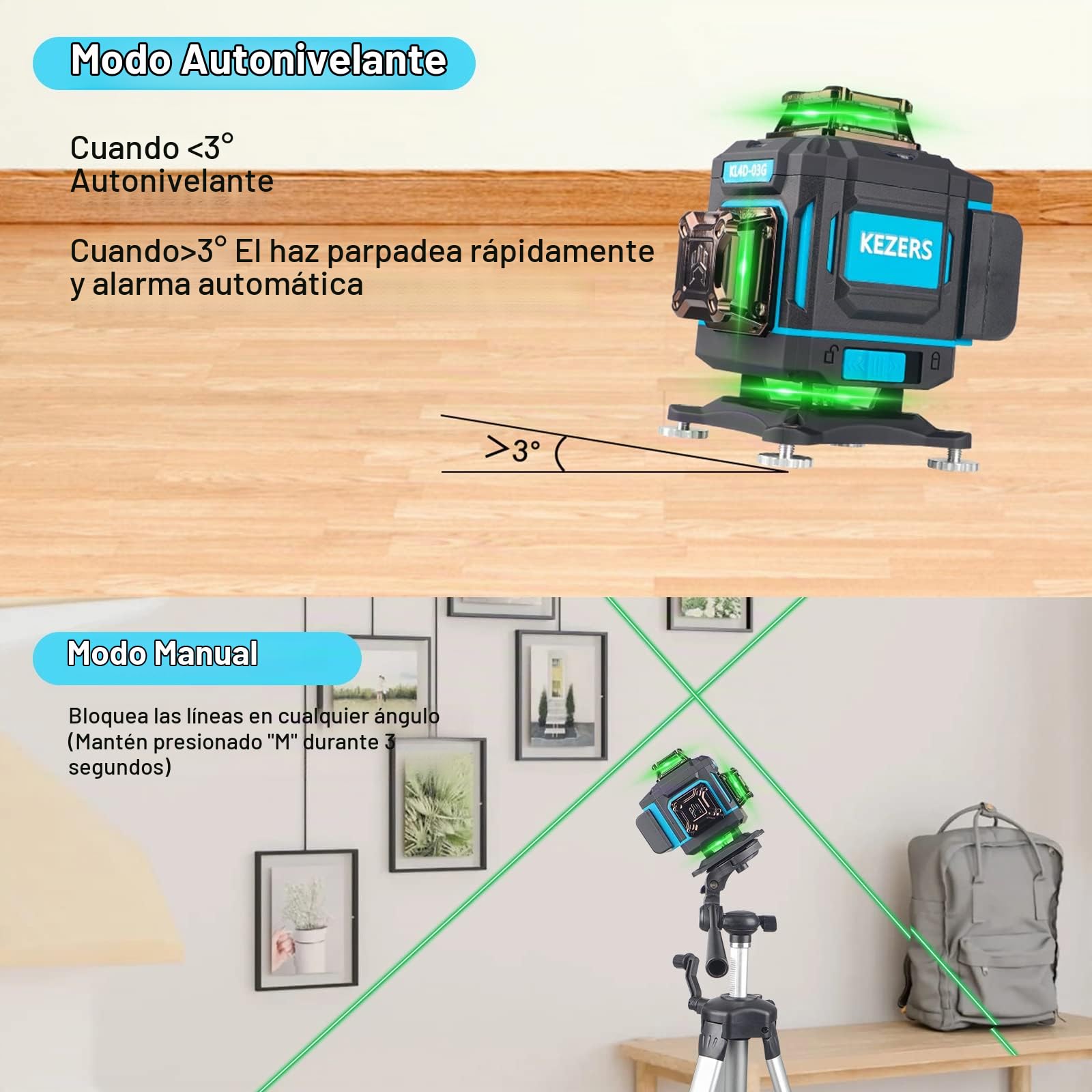 KEZERS Láser de Líneas Cruzadas Verde 4x360°, Nivel de Burbuja Láser Autonivelante 16 Líneas, Láser de Líneas Cruzadas con Pantalla, Mando a Distancia, Soporte de Pared, para Interiores y Exteriores