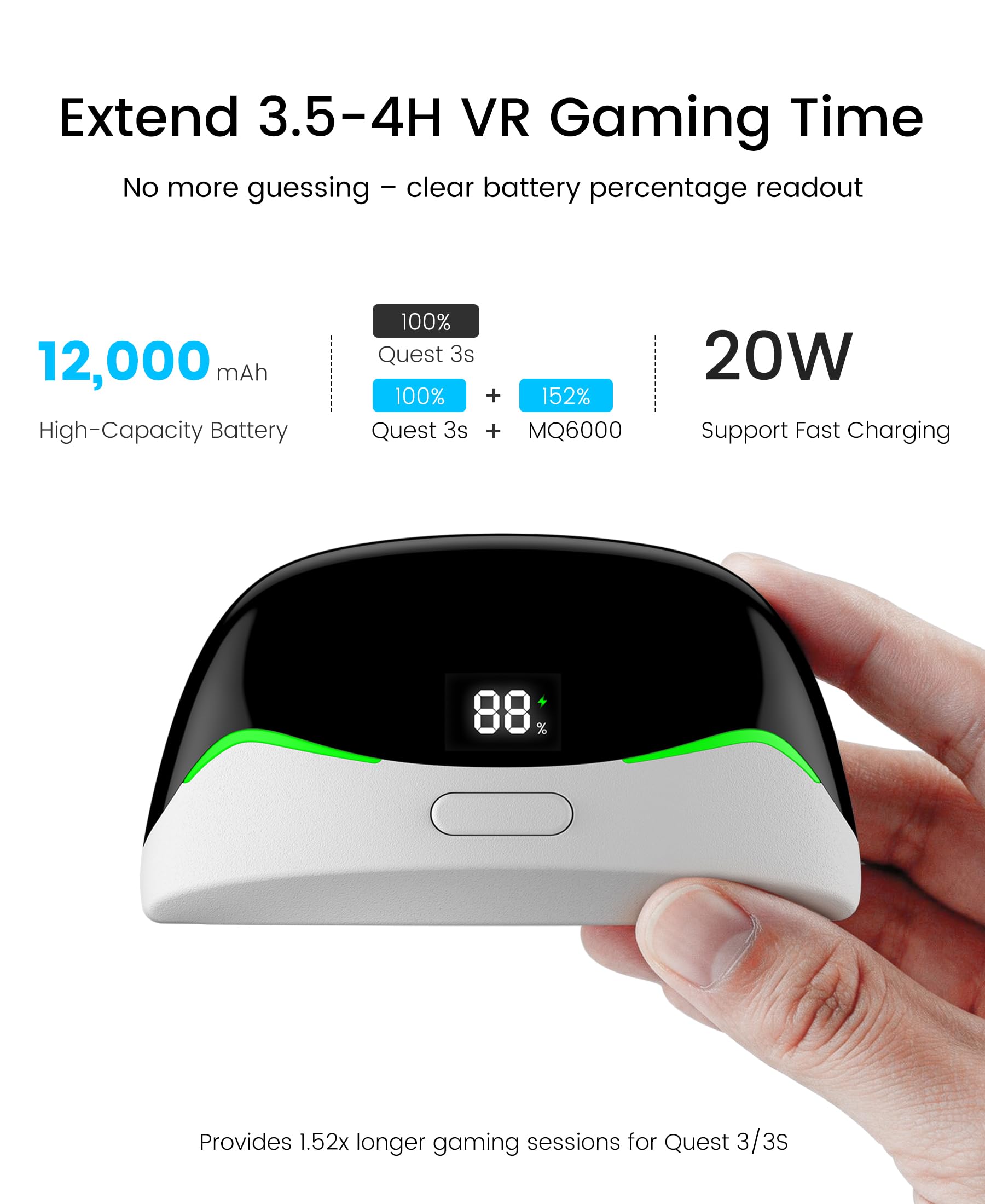 Cinturino magnetico per batteria da 12000 mAh con ventola di raffreddamento per Meta Quest 3/3S, cinturino di ricambio regolabile per Oculus Quest 3/3S, supporto e comfort migliorati e riduce la