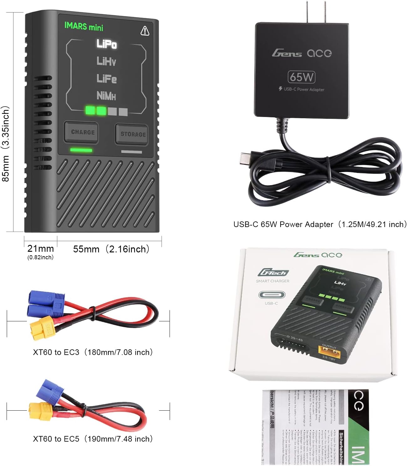 Gens ace Imars Mini Charger with dimensions shown