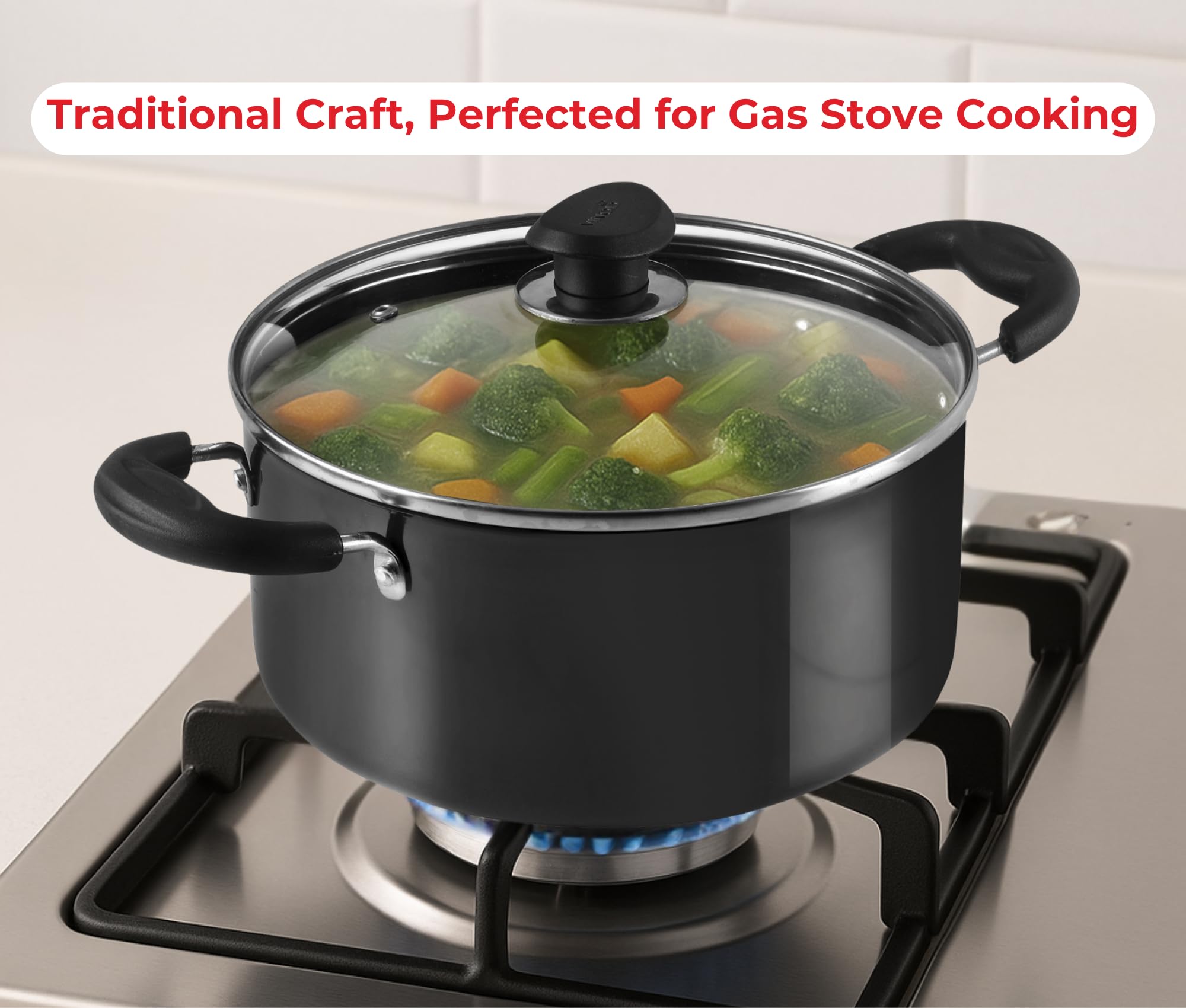 Vinod Black Pearl Hard Anodised Saucepot with Glass Lid 5 Litre, 24cm | 3.25mm Thick | Metal Spoon Friendly | Riveted Sturdy Handles | Toxin Free | 2 Year Warranty - Black - Image 3 thumbnail