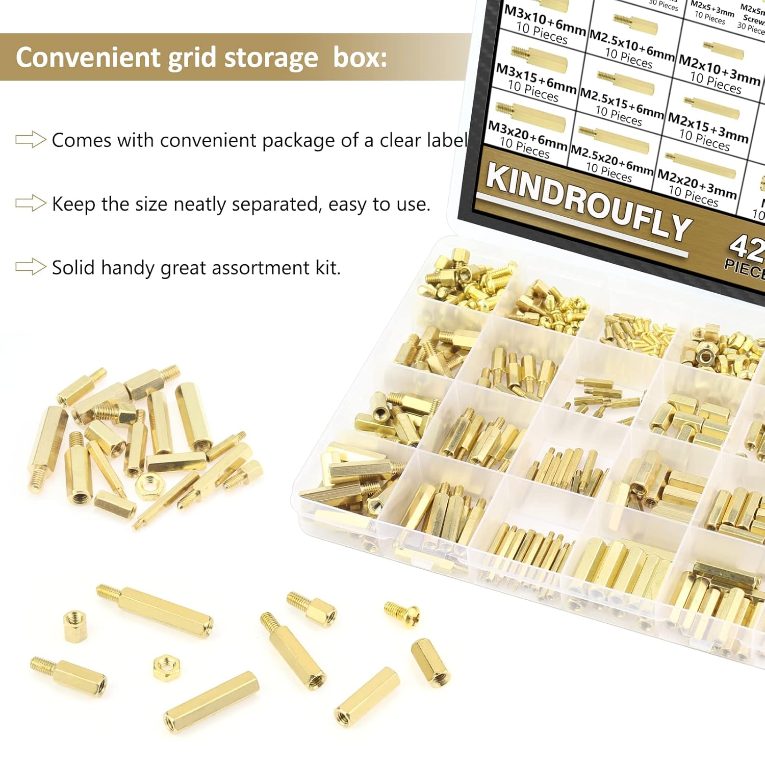 421 Pieces M2 M2.5 M3 Male Female Hex Brass Standoffs Spacers Screws Nuts Kit, Kindroufly Brass Standoffs Assortment Kit for PCB Motherboard
