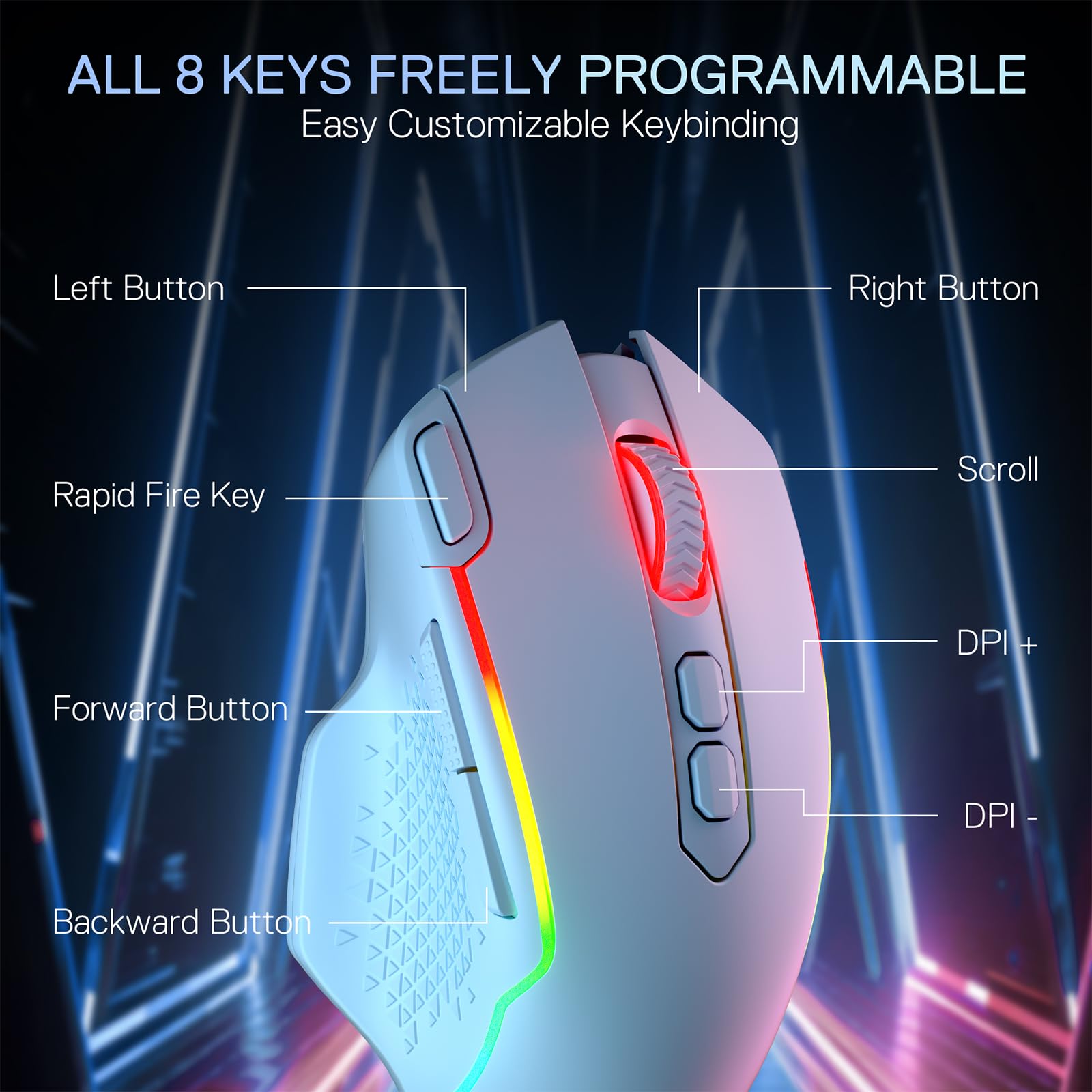 Redragon M810 MAX - Ratón inalámbrico para juegos de 3 modos, 12000 DPI con cable/inalámbrico RGB con tecla de disparo rápido, 8 botones macro, capacidad de energía fiable de 188 horas para PC/Mac