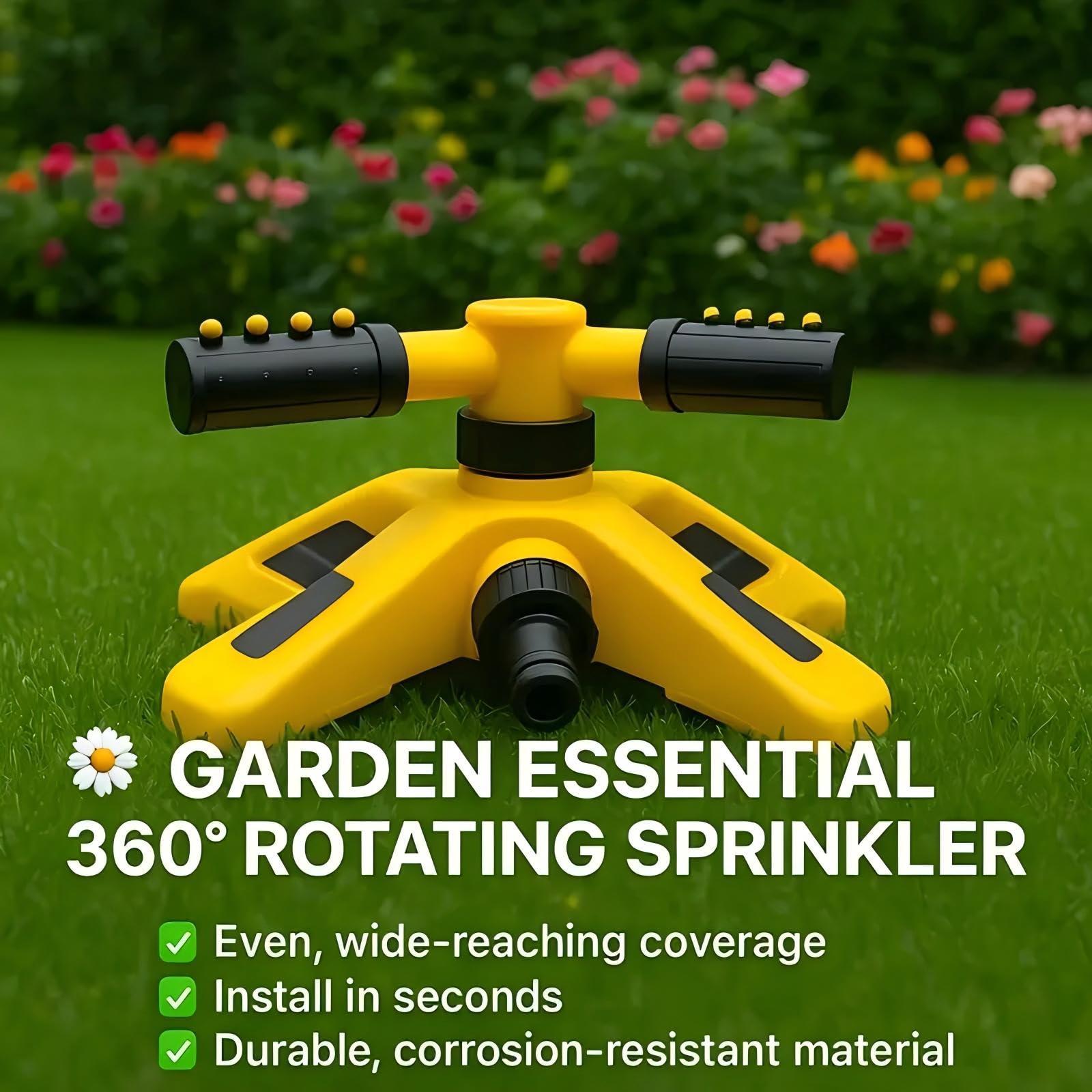 Irrigatore da giardino rotante automatico a 360° per prati, irrigatore da giardino oscillante a 3 bracci con attacco per tubo, sistema di irrigazione automatico per erba (giallo, set da 1,3 cm (15 m)
