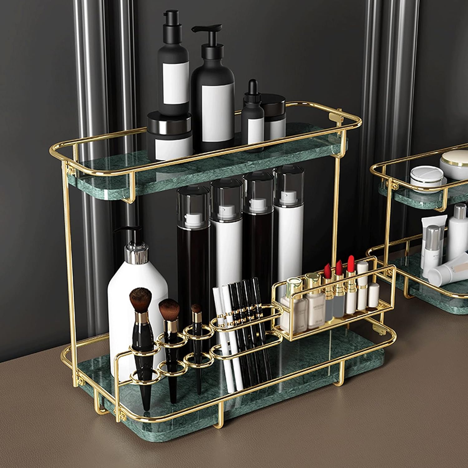 Bathroom Shelves Bathroom Organizer 1 Tier Bathroom Cosmetic Storage Shelf for and Countertop Decorative Wire Organizer with Marbling Tray White Dark Green Bathroom Shelf (Color : B) (C)