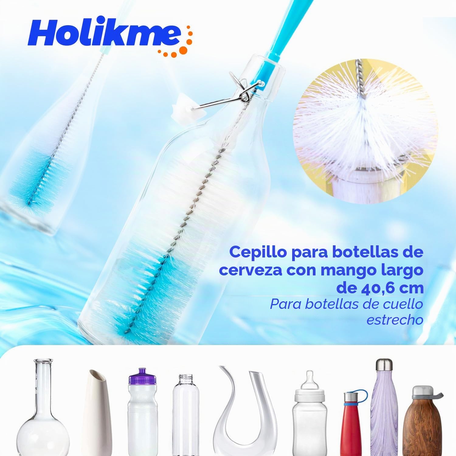 Holikme Juego de 8 cepillos de limpieza para botellas, limpiador de botellas de mango largo para lavar botellas de cerveza de cuello estrecho, decantador de vino, cubierta de taza, color blanco