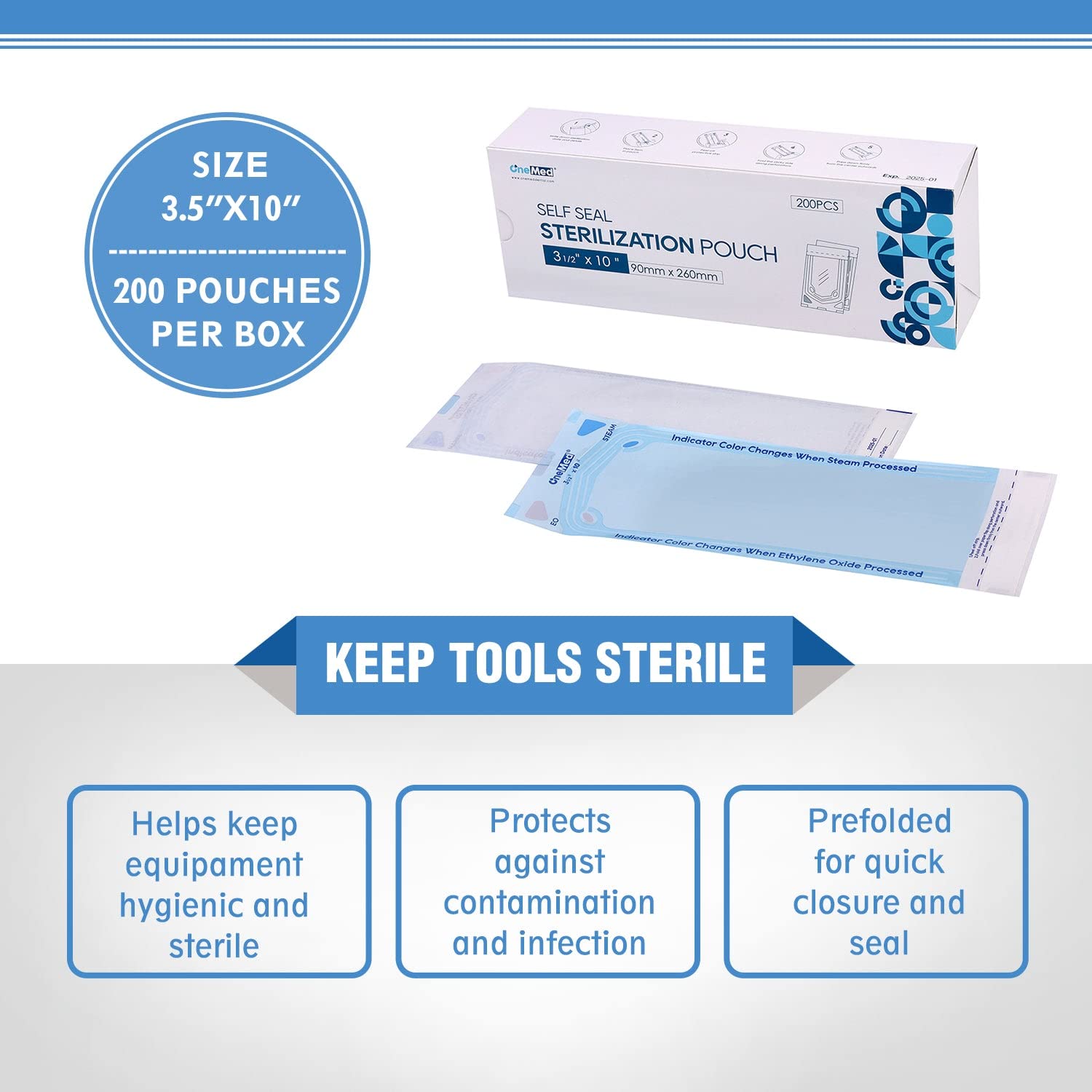 800 sacchetti per sterilizzazione dentale autosigillanti, 8,9 x 25,4 cm, 200/scatola, 4 scatole