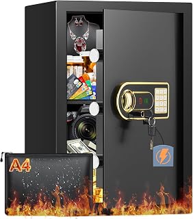 70L Großer Safe Tresor Feuerfest mit Zahlenschloss & A4 Feuerfester Tasche | Alarmmodus, Abnehmbares Regal, Externes Batteriefach, Digitaler Möbeltresor für Zuhause Büro Bargeld Schmuck DIN A4 Ordner