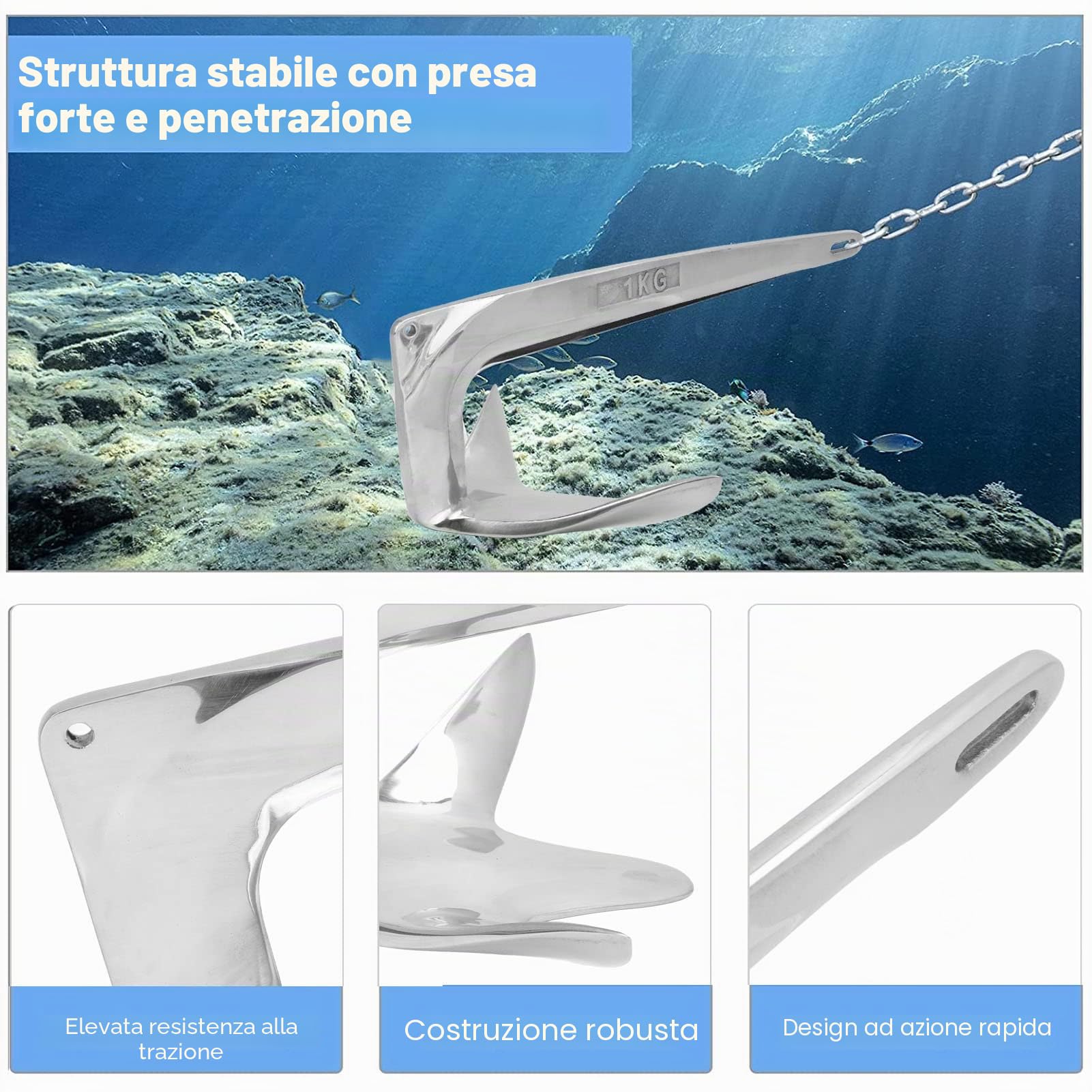 Aramox Ancora per Barche, 1Kg316 Acciaio Inossidabile Bruce Anchor Solid Fill 2.2Lb Pezzi di Ricambio per Yacht per Barche