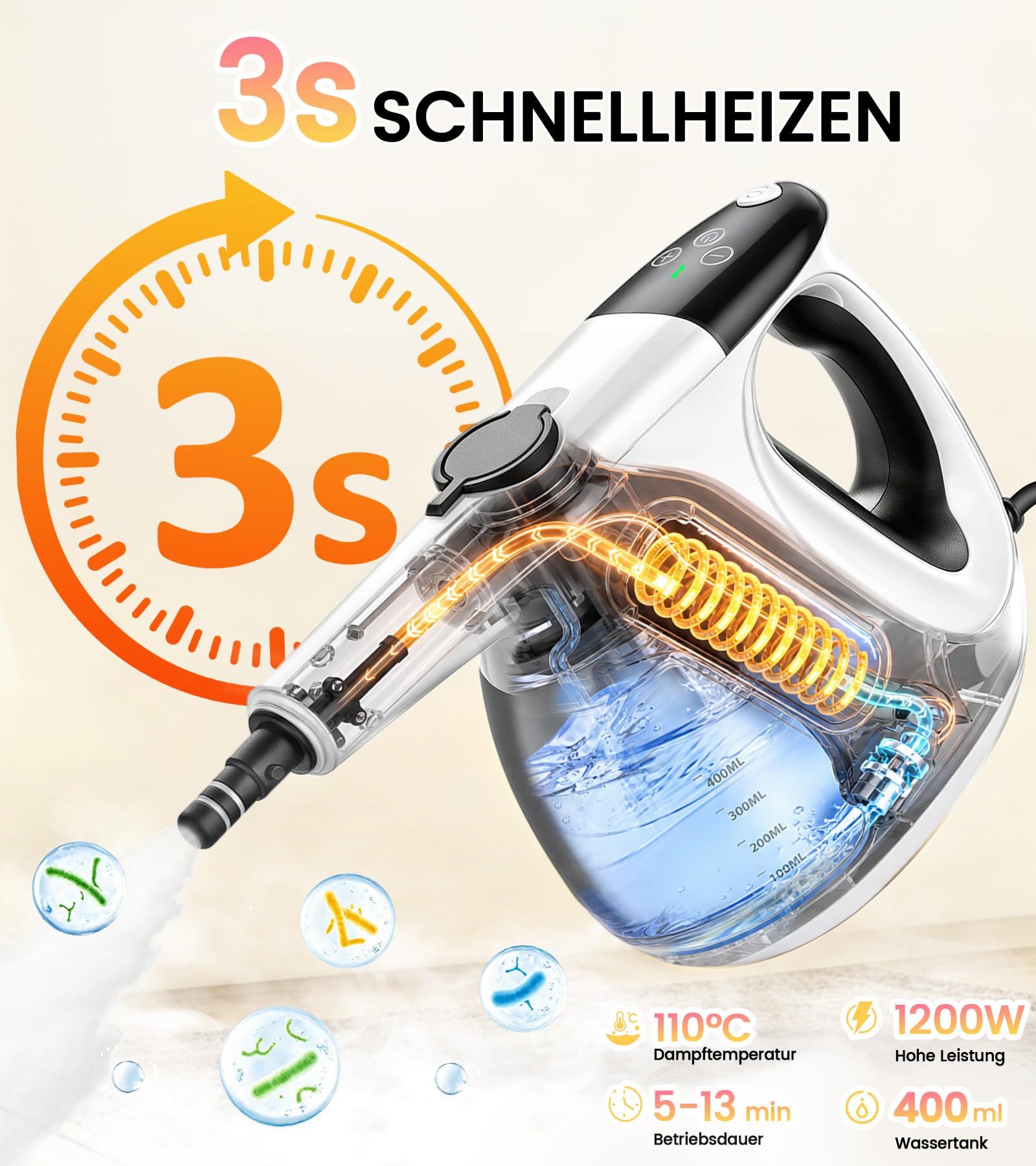 JBER Dampfreiniger Handgerät 1200W für Heim, 3 Sek.Aufheizzeit, 400ML Tank | Vielseitiger Dampfreiniger mit 3 Dampfstufen, 11 Zubehör,110℃ Handdampfreiniger mit 4,8m Netzkabel für Küche, Bad, Fenster