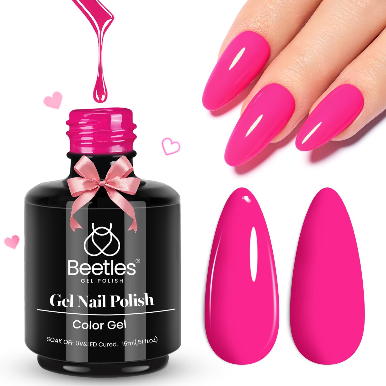 Beetles Pink Gel Nail Polish - Year 2 Kilo Hot Pink Gel Polish, 15ML/0.51Fl Oz Neon Color, Soak Off UV LED Lamp Nail Art, Long-Lasting Manicure Salon DIY Home Spring Valentines Nails - Gifts for Her