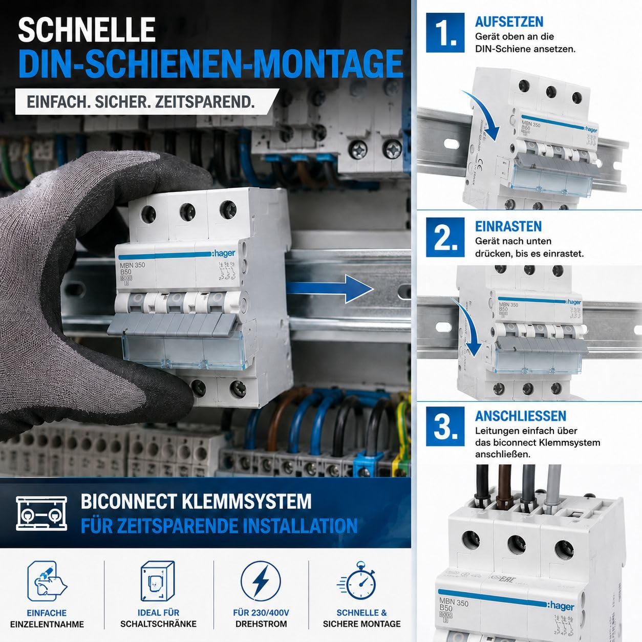 HAGER MBN350 Leitungsschutzschalter 3-polig B50A 6kA, Sicherungsautomat für Drehstrom, LS-Schalter 50A, biconnect Klemmsystem, DIN EN 60898-1, 230/400V, 3 Module
