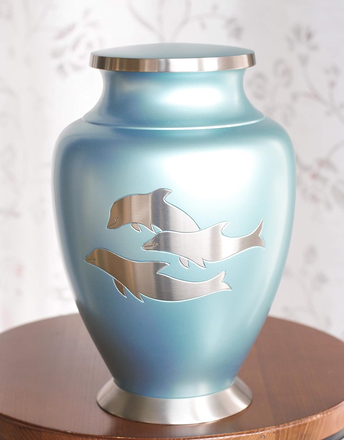 Today's A Gift Silver Dolphins Cremation Urn for Human Ashes, Handcrafted Adult Size Brass Memorial Urn with Engraved Dolphins, Secure Lid & Sky Blue (10.7 Inches)