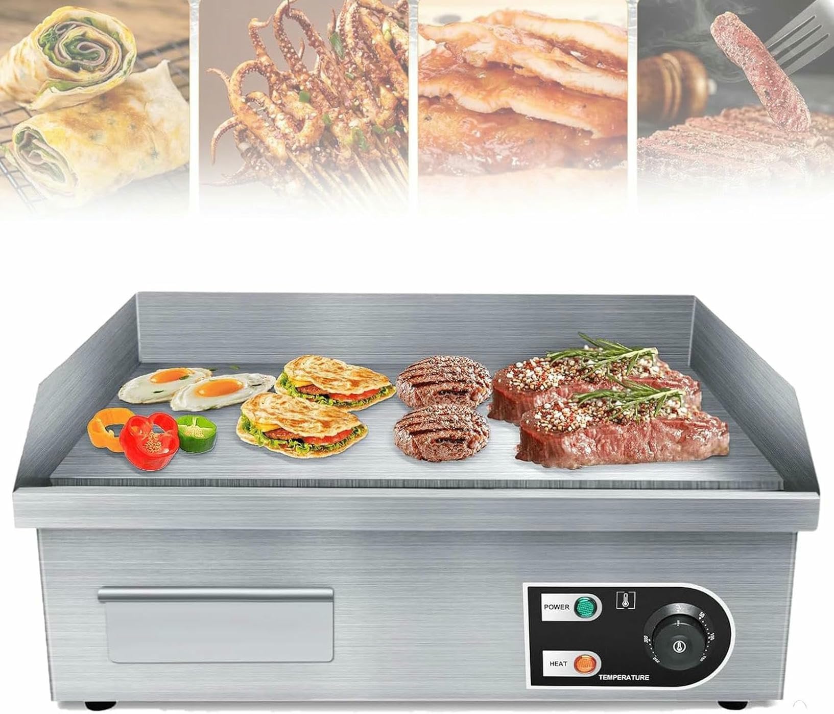 Fhrka Electric Griddles, Countertop Stainless Steel Grills,Grill Bacon Fryer Steak Non-Stick Bbq Burger Teppanyaki Baking Grill
