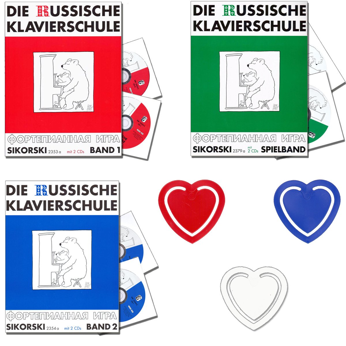 Die russische Klavierschule 1, 2, Spielband mit 2CDs - Unterrichtswerk für die Musikschulen von Julia Suslin - mit 3 herzförmigen Notenklammern