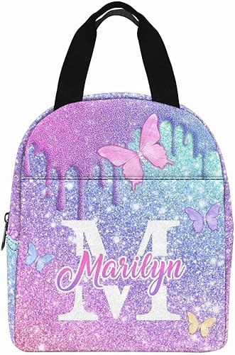 InterestPrint Lonchera personalizada con nombre para niños, hielera de mariposa con purpurina personalizada, bolsa de almuerzo reutilizable para