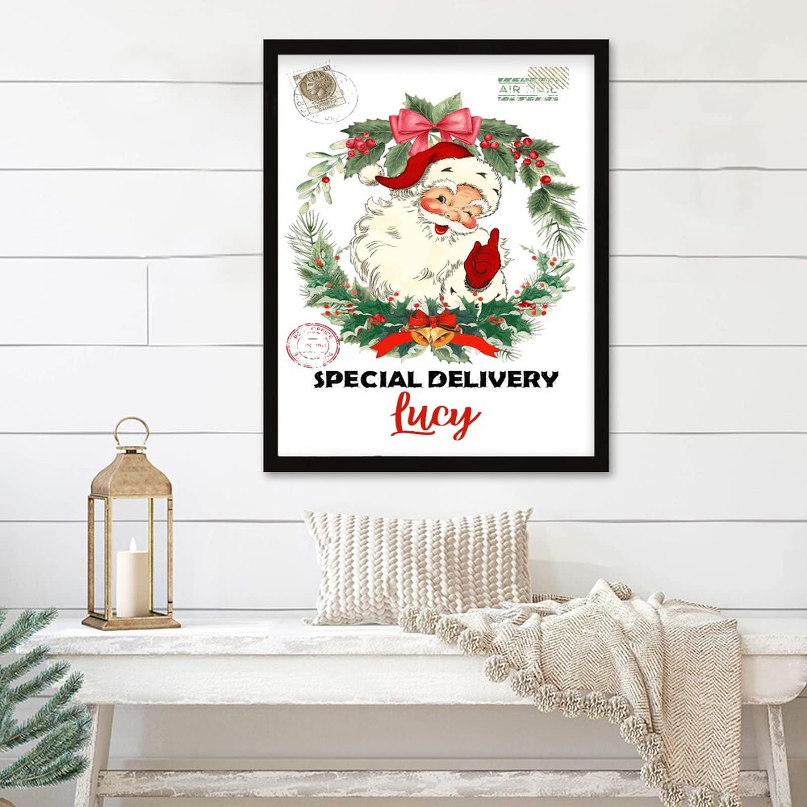 Nom personnalisé encadré sur panneau bois de Noël pour célébrer les fêtes en famille