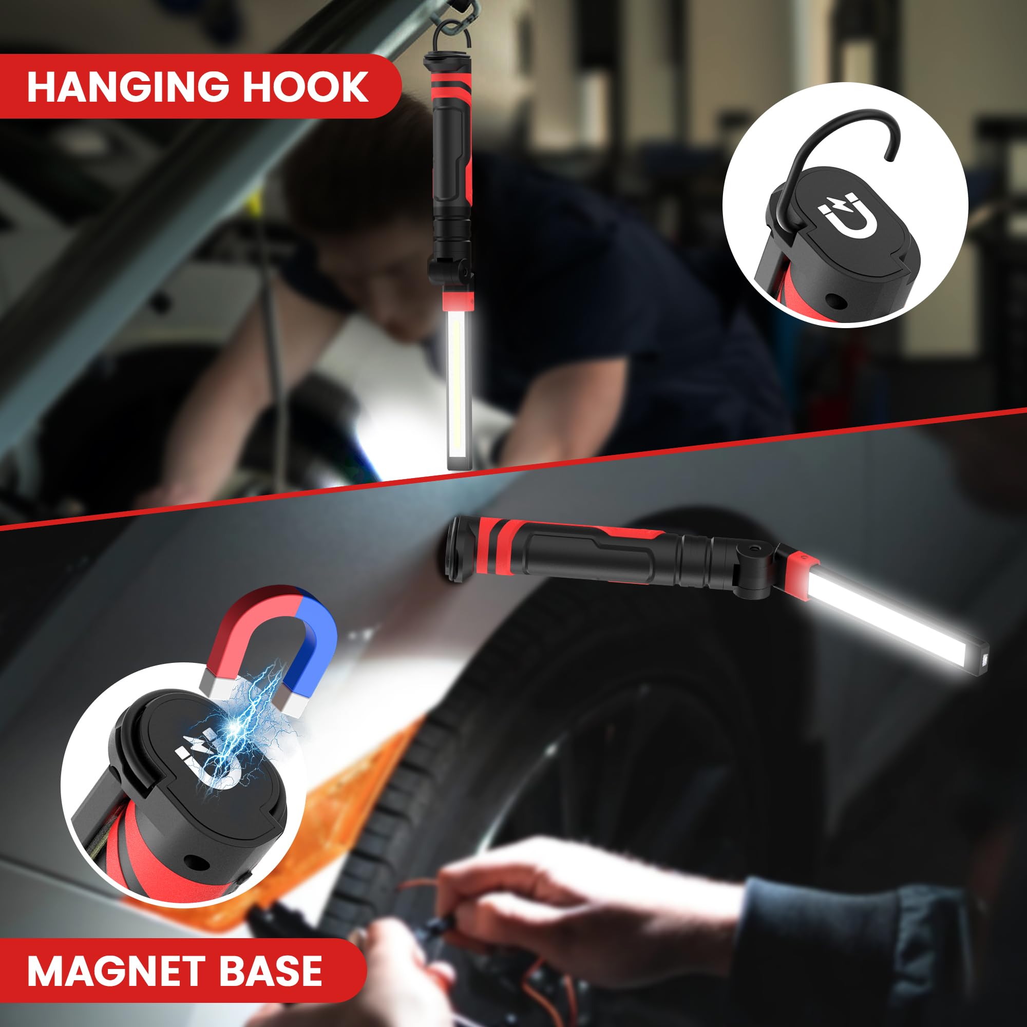 2 luci da lavoro ricaricabili – 2500 mAh pieghevole magnetica a LED da lavoro torcia esterna con 3 modalità di illuminazione luce meccanica per riparazione auto/emergenza