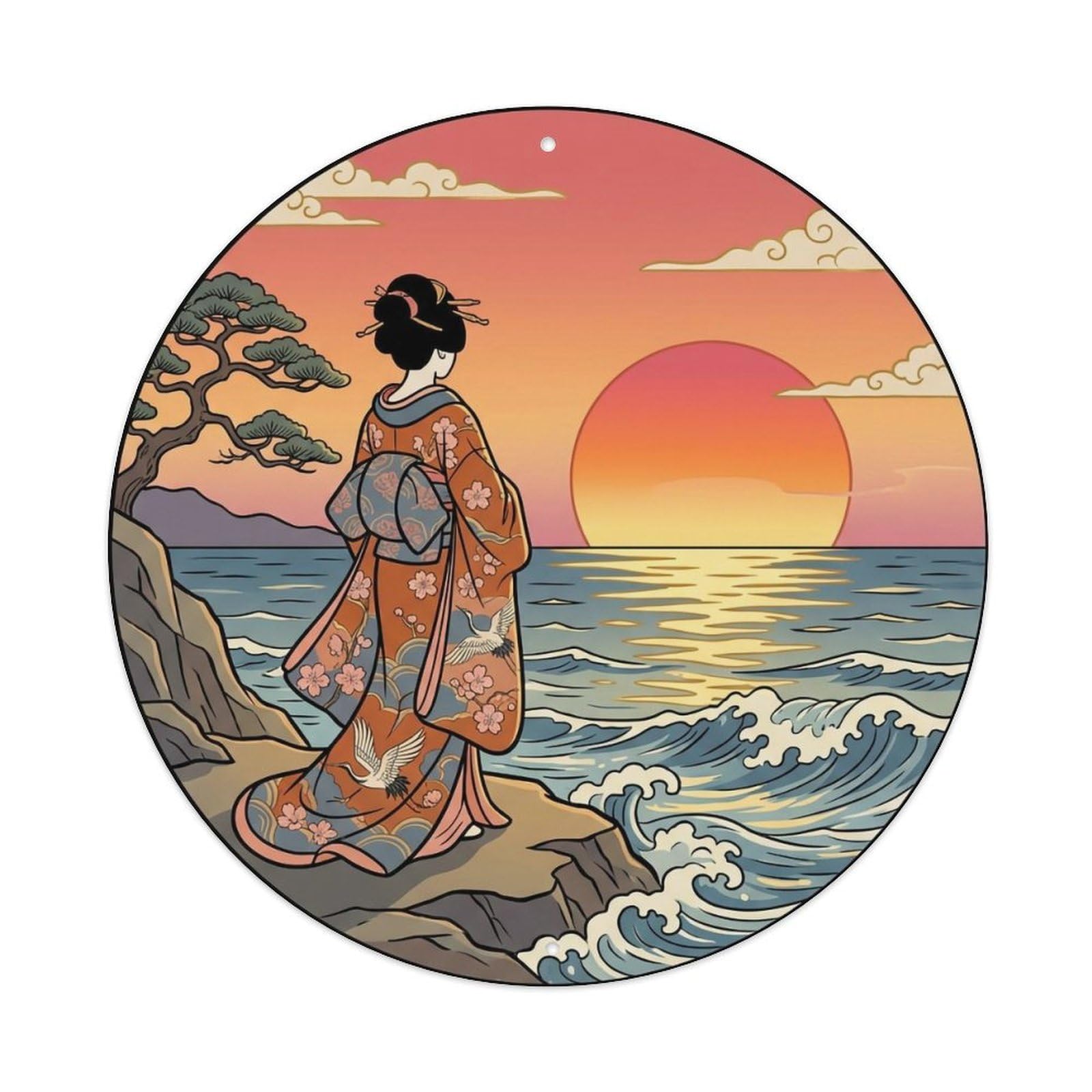 Japanese Geisha Coastline Sunset Horizon Scenery Metal Tin Sign