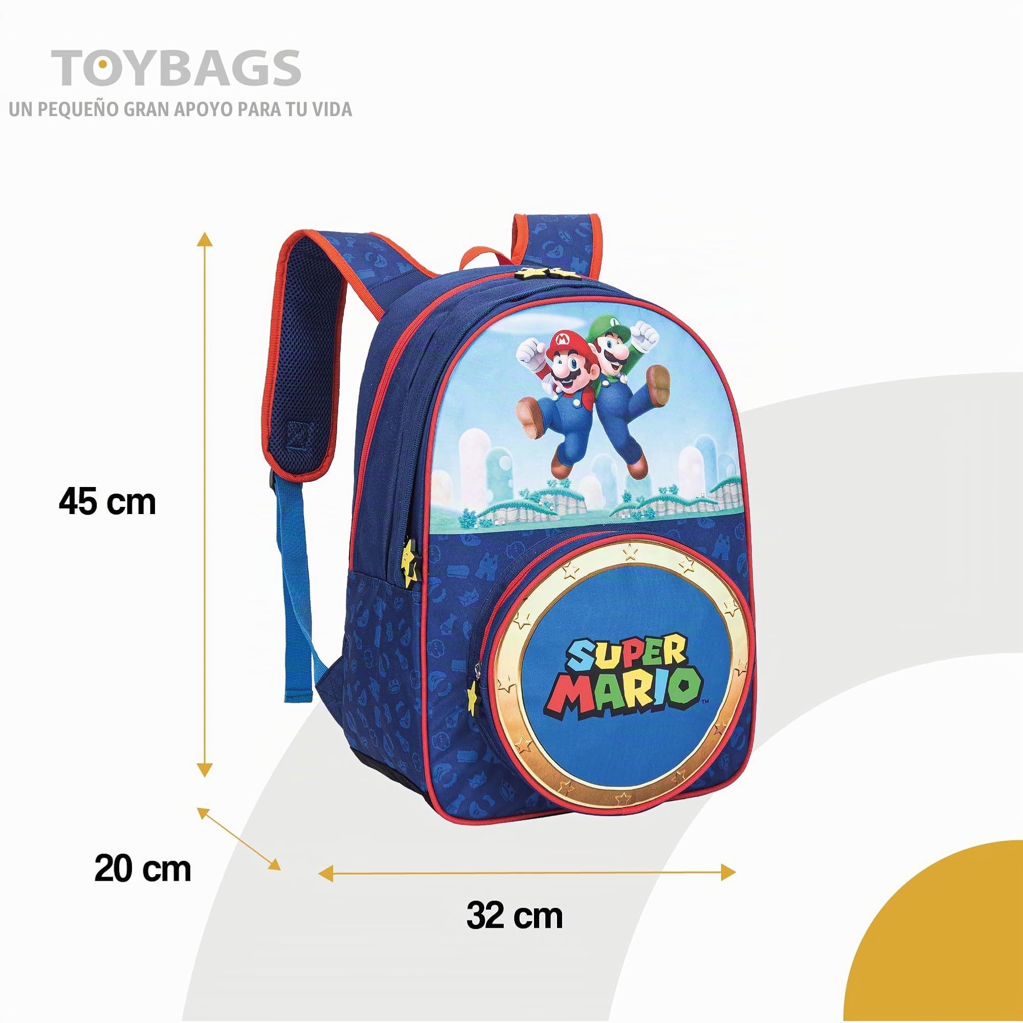 TOYBAGS Super Mario Mochila Escolar - Bolsillo Frontal Redondo - Adaptable al Carro - Correas Ajustables - Espaldera Acolchada - 45 x 32 x 20 cm