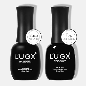 L'UGX Gel No Wipe Top Coat and Base Coat Set, Soak Off Gel Base Top Coat UV LED Glossy Shine Finish, Quick Dry and Long Lasting, 15ml 2 Pcs