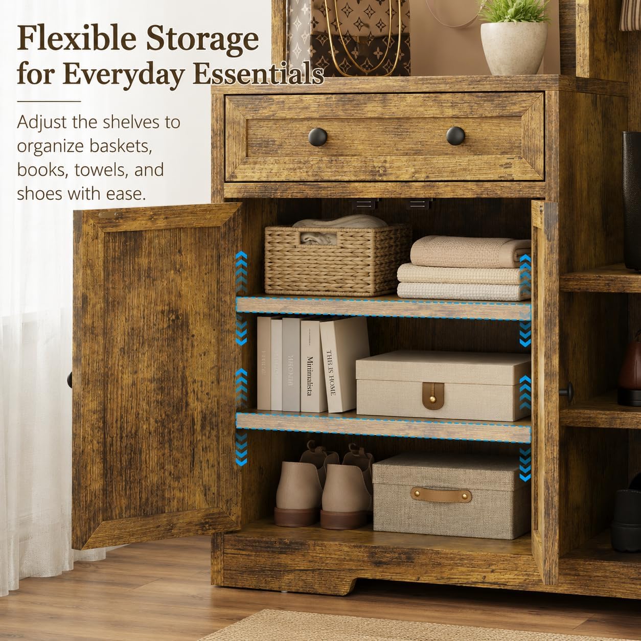 Open cabinet doors revealing adjustable shelves with various items like baskets, folded towels, and shoes.