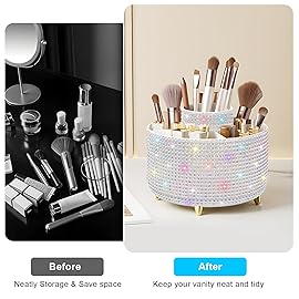Diesisa Bling Diamond 360 Makeup Brush Holder Organizer, Rotating Makeup Brush Organizer,5 Slot Make up Brushes Cup for Cosmetics, Vanity Desktop Organizer, Gift for Women Teen Girls- Diamond White