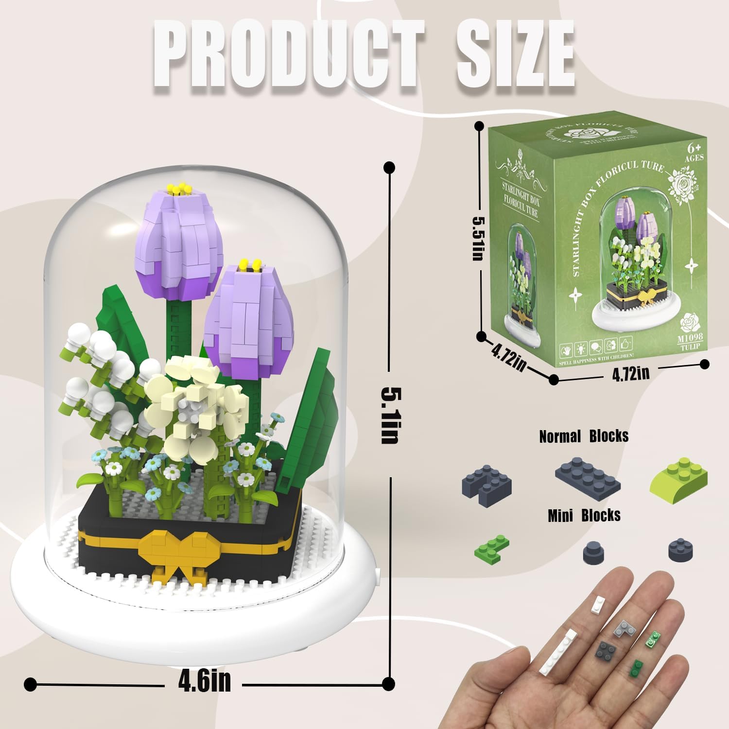 Diagram showing product dimensions of the assembled flower building kit