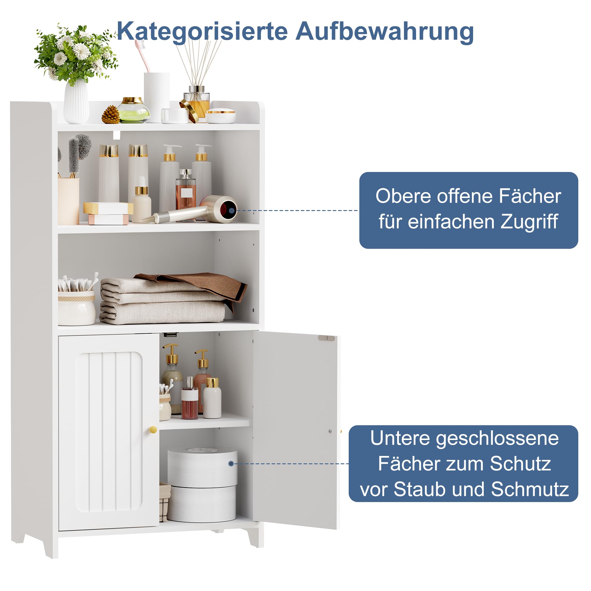 BEWISHOME Badezimmerschrank, Kleiner Badschrank | Bad Schrank mit 2 Türen und 2 Verstellbaren Trennböden, Geeignet für Bad, Wohnzimmer & Küche, 30 x 50 x 100 cm, Weiß, EYYG18W