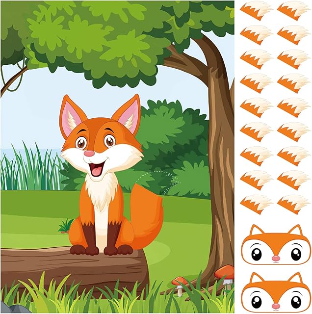 NEBURORA Pin The Tail on The Fox Party Game with 30 Tails for Forest Farm Birthday Party Supplies Pin Game, Boys Girls Woodland Animal Party Decorations Home Wall Decor